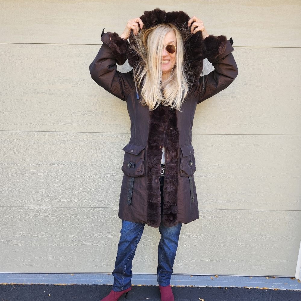 Vintage Bugatteli Brown Rex Rabbit Trimmed Fashion Coat, Medium, $75 - Picture 6 of 17